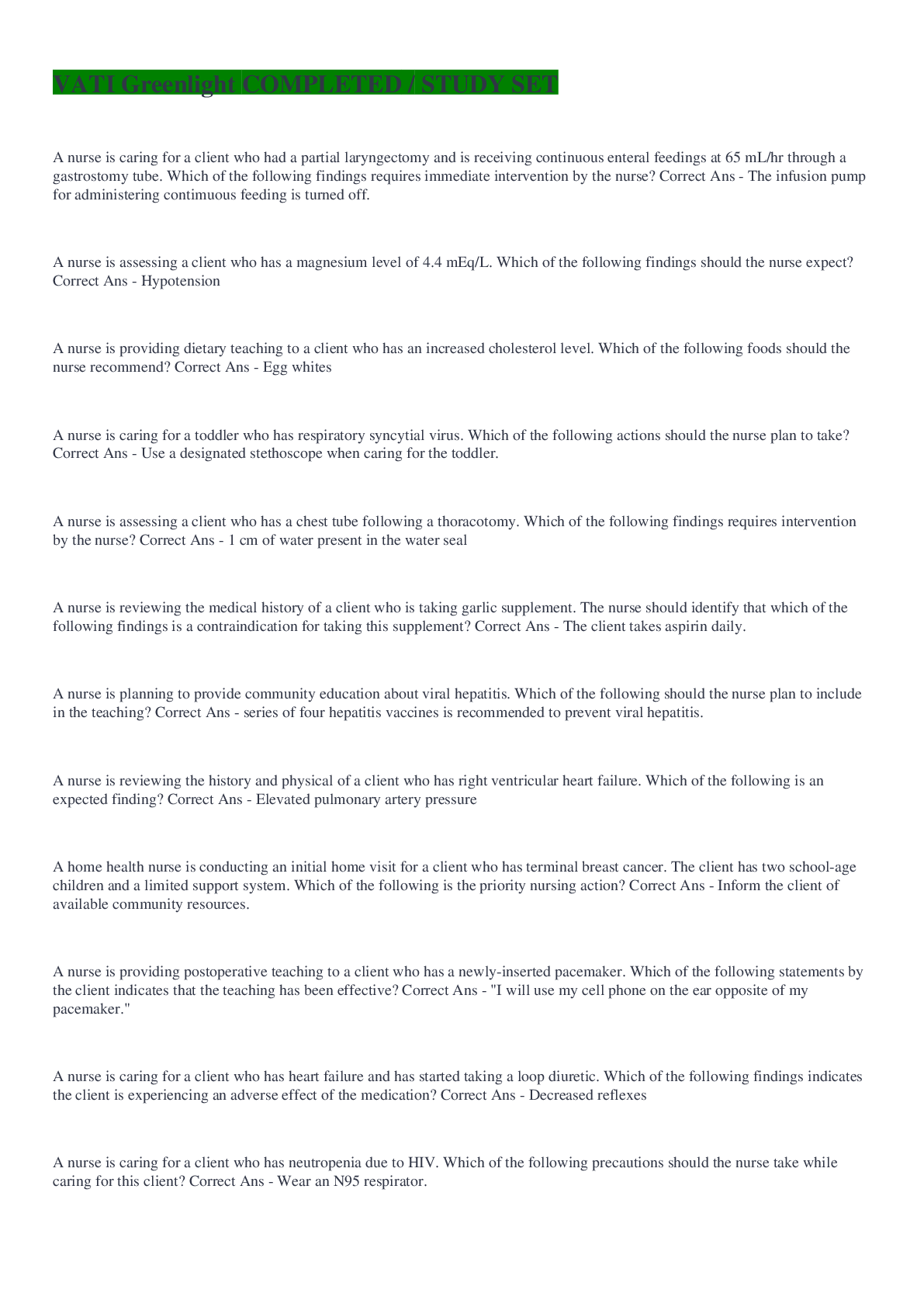 Preview image of VATI Greenlight COMPLETED  / STUDY SET document